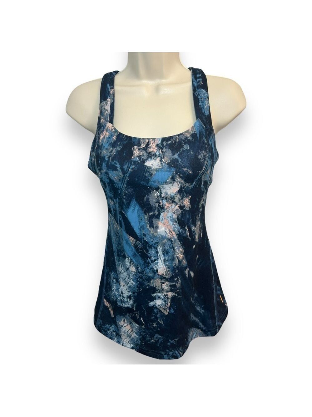 Lucy Active Women’s Built in Bra Criss Cross Tank Blue Marble Size Small